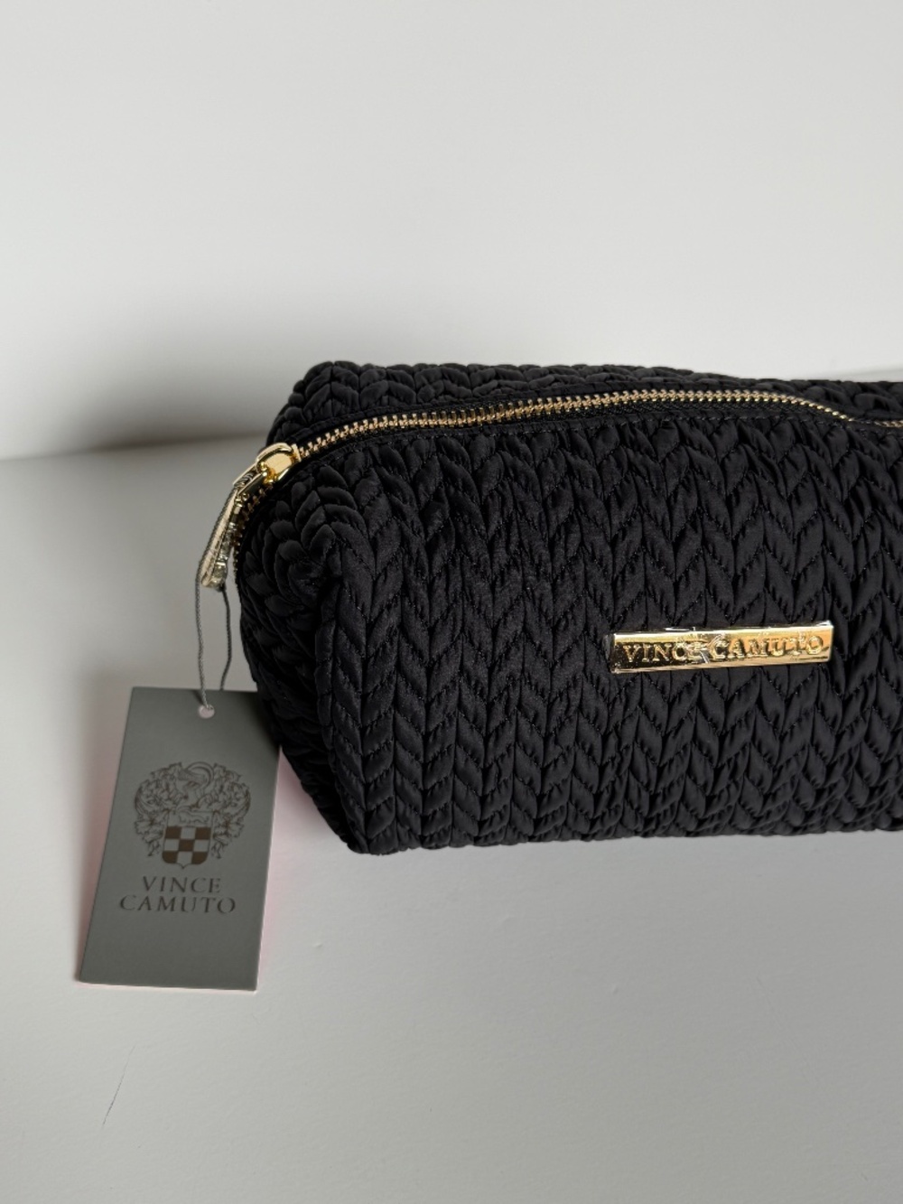 VINCE CAMUTO Black Quilted Cosmetic Makeup Bag w/ Gold Zipper